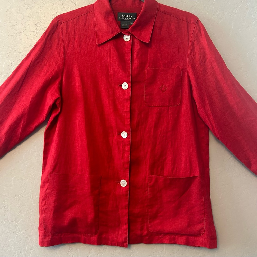 Lauren Ralph Lauren petite red linen long sleeve button down blouse size medium - Picture 2 of 16